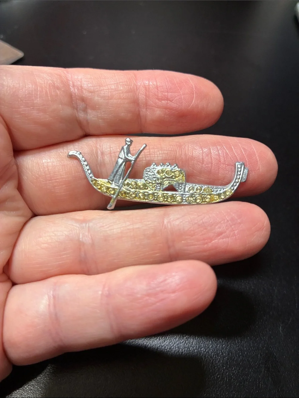 Vintage Gondola Pin Brooch with Yellow and Silver Rhinestones